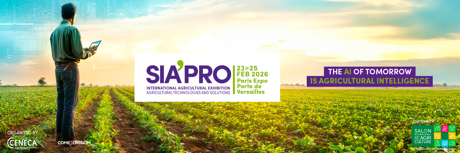 SIA’PRO 2025 key visual, Agricultural Technologies and Solutions exhibition, taking place from February 23 to 25, 2026, at Paris Expo Porte de Versailles. The image shows a man standing in a cultivated field using a digital tablet, symbolising artificial intelligence applied to agriculture.