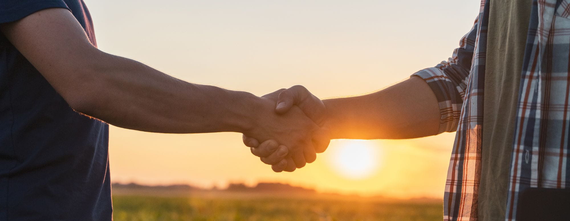 Poignée de main entre deux personnes au coucher du soleil.